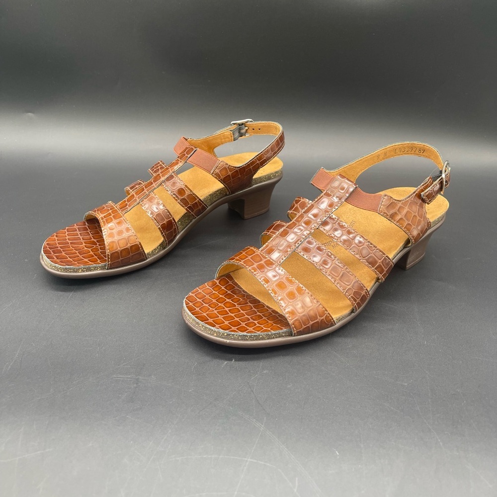 SAS Allegro Womens Leather Sandals Brown Croc Embossed Buckle Comfort Shoes 9 N
